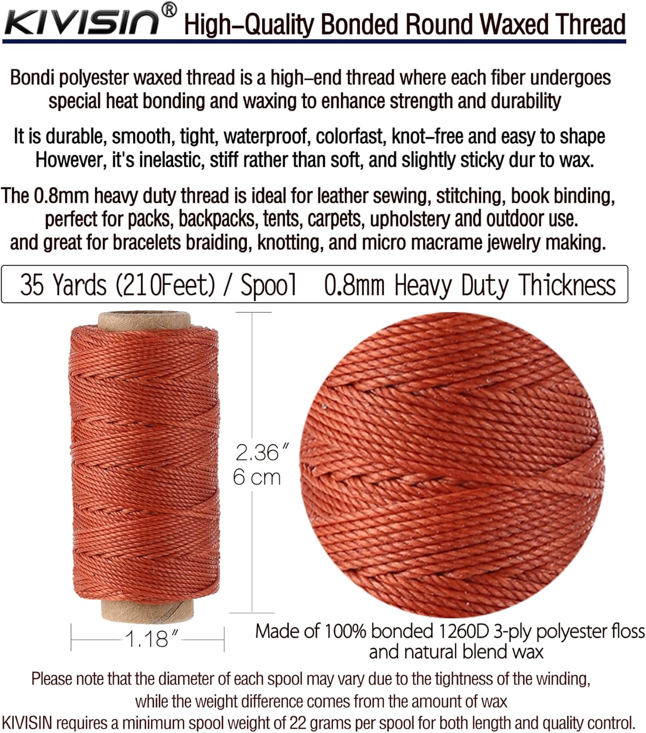 KIVISIN Trendy Color Waxed Thread 0.8mm, Heavy Duty Wax Polyester Cord 32 Yards String Spools Wax Coating for Bracelets Braiding, Micro Knotting, Sewing, Stitching, Book Binding, Micro Macrame Making