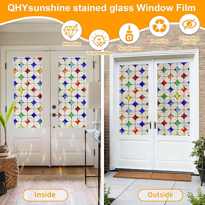 QHY Sunshine Colorful Rainbow Stained Glass Window Film Non-Adhesive Window Privacy Film Reusable Decorative for Room (Rainbow Mosaic, 17.5 X 78.7 in)