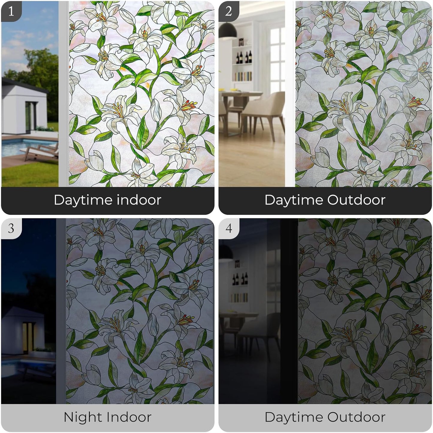 3D Stained Glass Window Film, Decorative Window Privacy Film for Bathroom,Front Door,Home, Sun Blocking Heat Control,Static Cling, White Lily 23.6inch x 35.4inch
