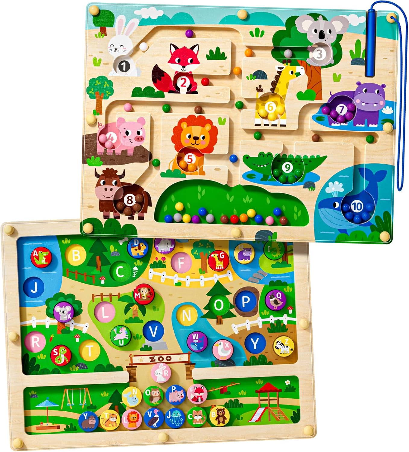 2 in 1 Magnetic Color and Number Maze Magnet Alphabet Counting Double Sided Board Wood Puzzle Fine Motor Skills Montessori Preschool Toys Gifts for Boys and Girls 3-5 Age (Zoo, One Size)
