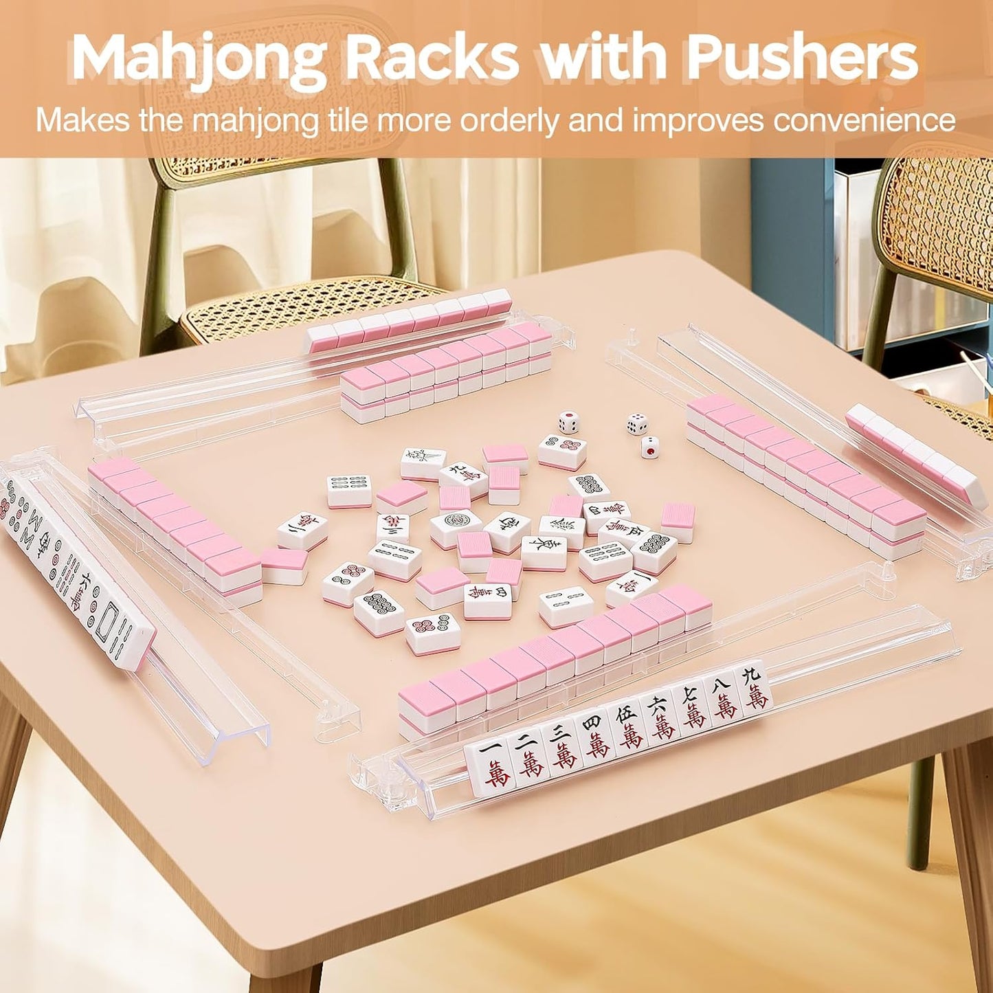 Mahjong Racks with Pushers Set of 4, Mahjong Tile Pushers and Racks, Acrylic Majiang Tile Holders Accessories (Clear)