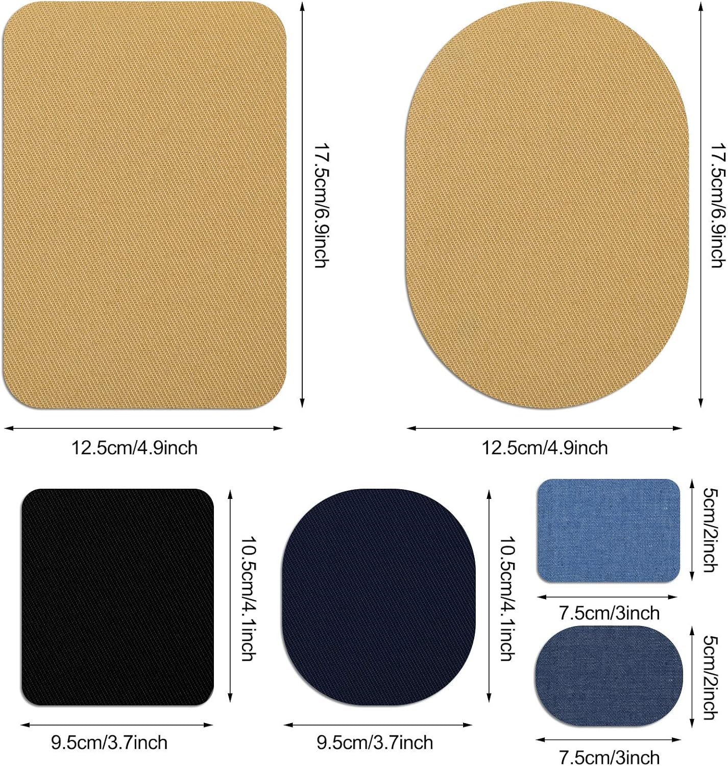 30 Pieces Iron on Fabric Patches Fabric Repair Patches Twill Clothing Repair Patch Kit for Jacket Clothes, 3 Sizes, 5 Colors (Black, Navy Blue, Dark Denim, Light Denim, Khaki)