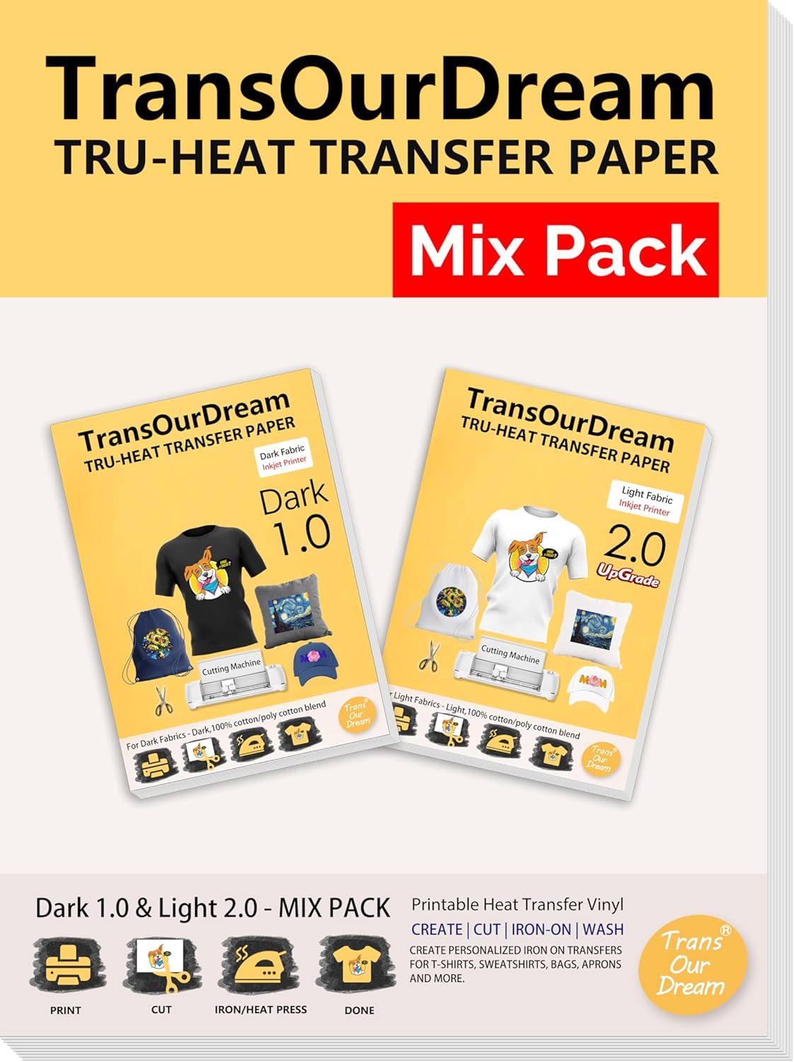TransOurDream Printable Heat Transfer Paper for Dark and Light T Shirts (10+10 Sheets, 8.5x11", Mix Pack) Iron on HTV Vinyl Transfers Paper for Inkjet Printers (D1L2)