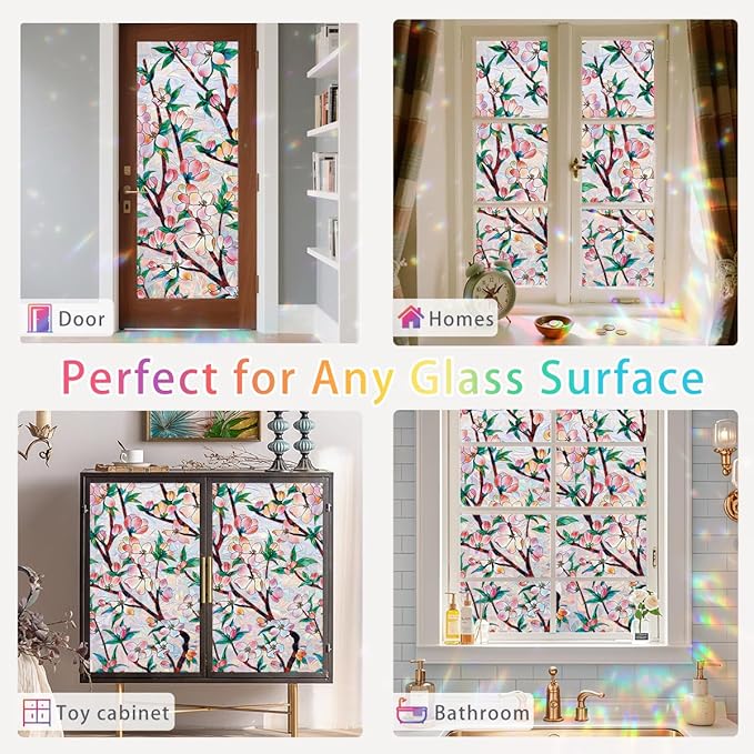 Peach Blossom Stained Glass Window Film Static Cling with Tools - 17.5 x 78.7 Inch Non-Adhesive Privacy Decorative Rainbow Film for Windows, Doors, Sidelights - Easy Install & Remove