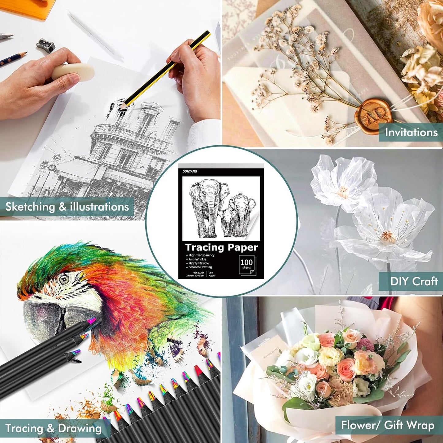 Tracing Paper 9"x12", 100 Sheets Transparent Vellum Paper for Tracing Pads, Christmas Birthday Gifts for Adults Teens, 25lb/41gsm Translucent Tracing Paper for Sketching, Drawing, Black