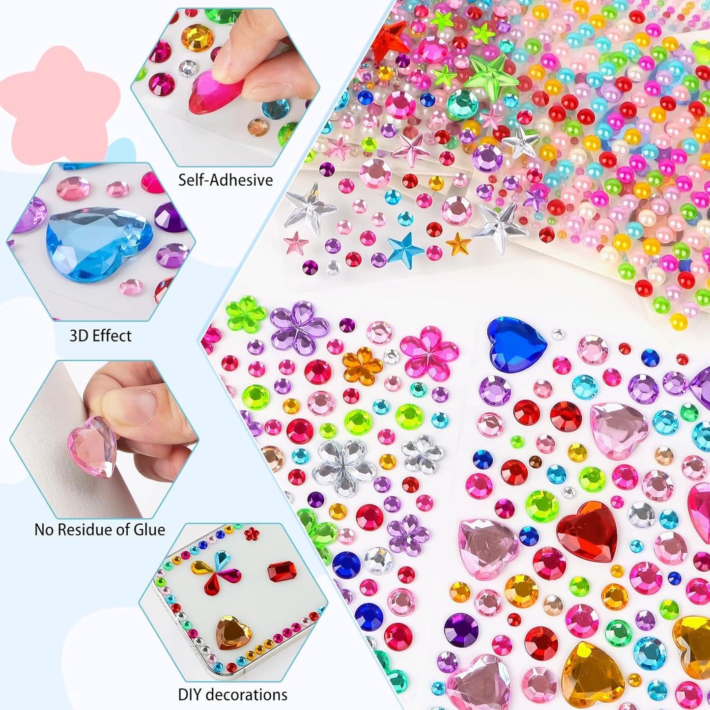 6059 PCS Gem Stickers,Gem for Crafting,Jewels Rhinestones for Crafts,Self Adhesive Stick on Gems Gemstones Diamond Stickers for Face Scrapbook Supplies DIY Craft Art,Heart Pearl Small Sticker for Kids