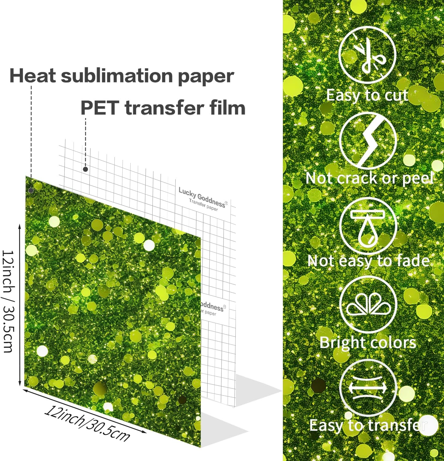 Green Glitter Sublimation Transfer Sheets for Heat Press Machine,12x12 Inch Sublimation Transfer Paper for Heat Press Machine, 8 Sheets