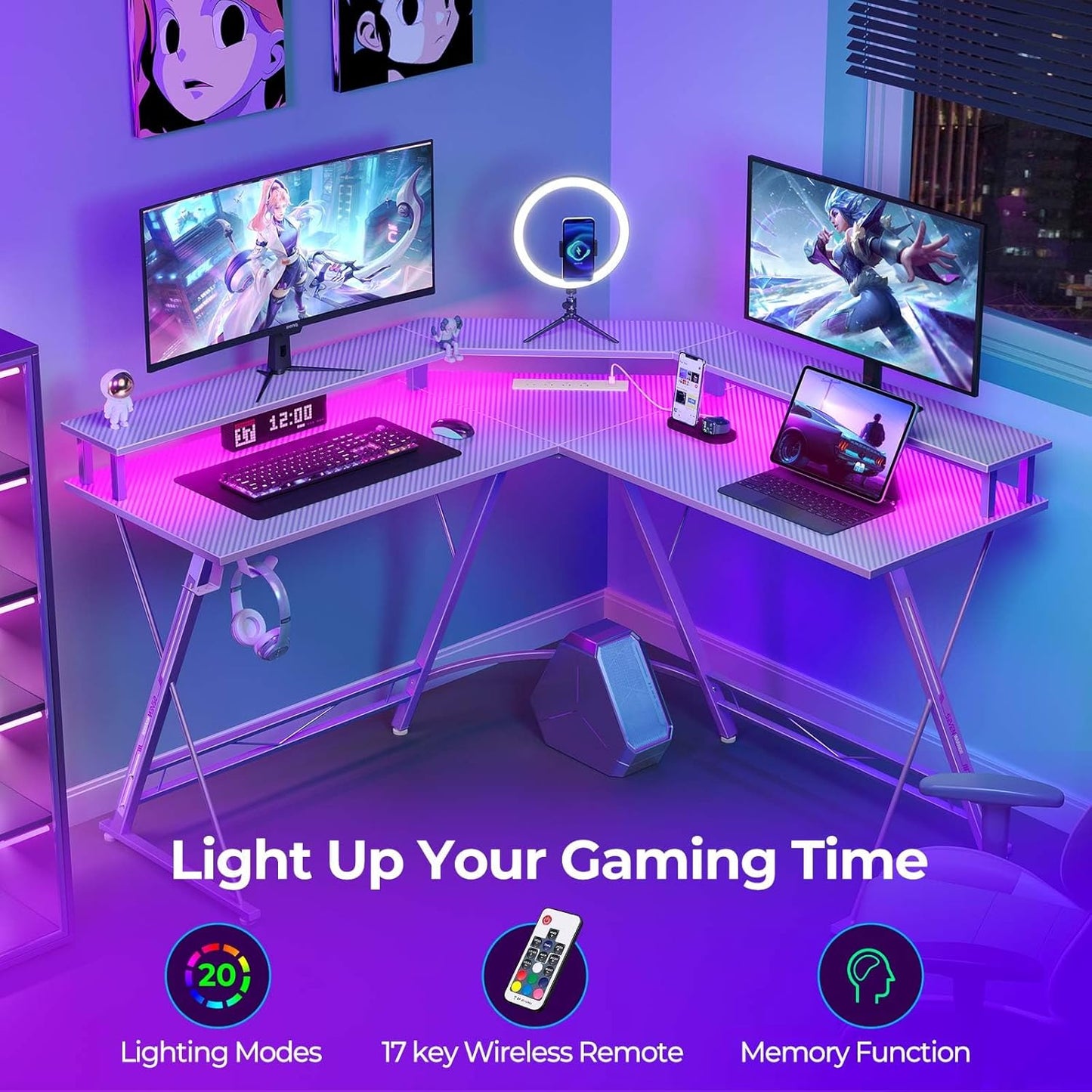 SEVEN WARRIOR Gaming Desk 50.4” with LED Light & Power Outlets, L-Shaped Gaming Desk Carbon Fiber Surface with Monitor Stand, Ergonomic Gamer Table with Headphone Hook, Purple