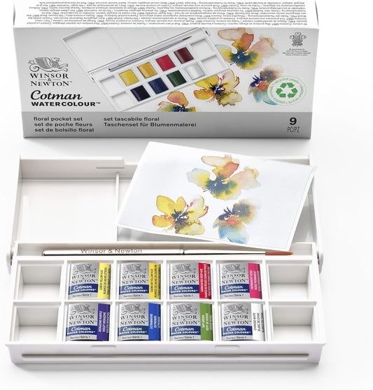 Winsor & Newton Cotman Watercolor Paint Set, 8 Half Pan, Floral Colors w/ Brush