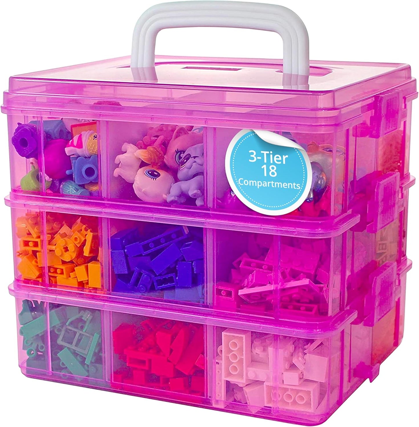 Bins & Things Bead Organizer with Adjustable Compartments - Durable Toy Organizers and Storage Solution for Dolls, Crafts, Mini Toy Figures, Jewelry and Beads - 3 Tier, 18 Compartments