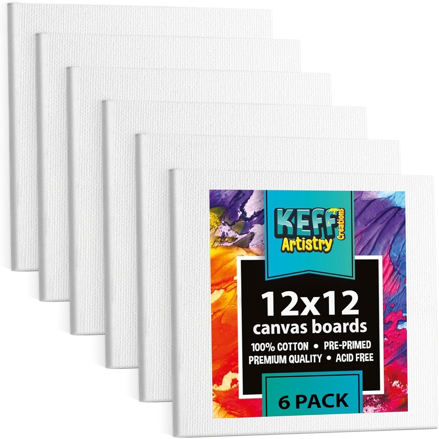 KEFF Canvas Boards for Painting - 12x12 6-Pack Bulk Canvas Panels, 100% Cotton Triple Primed Large Canvases for Art Painting Supplies, Acrylic, Oil, Watercolor & Tempera