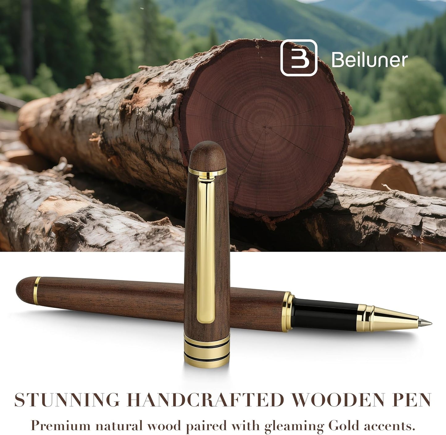 BEILUNER Luxury Wood Ballpoint Pen Writing Set,Walnut-Elegant Fancy Nice Gift Pen Set for Signature Executive Premium Office Fancy Nice Supplies - Christmas Gift Boxed with Extra Refills (Black)