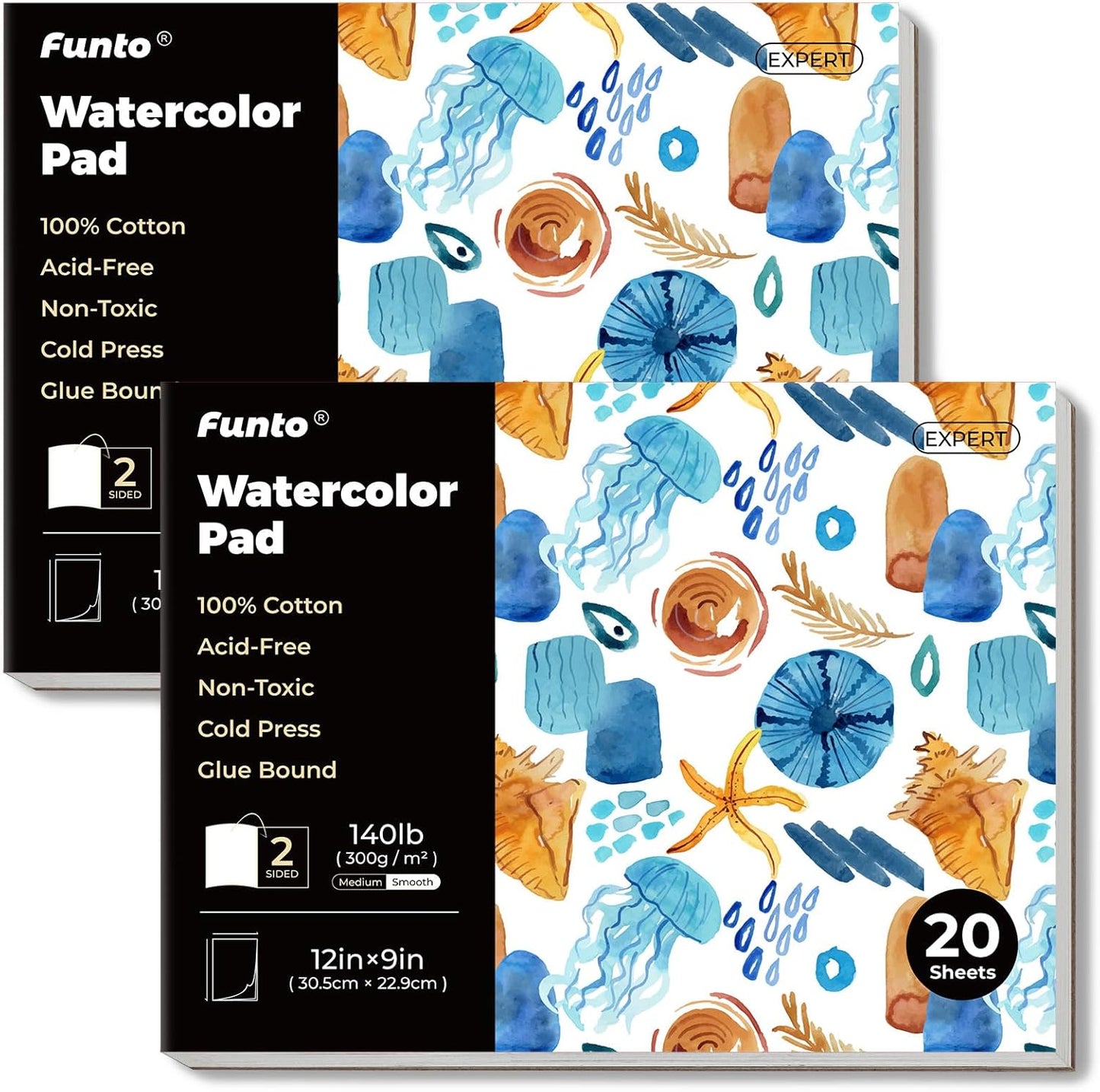 Funto Watercolor Pad, 2Packs, 12x9”, 20 Sheets Each, 140lb/300gsm, 100% Cotton, Cold Press, Glue Bound, Easy Tear Heavyweight Art Paper for Painting
