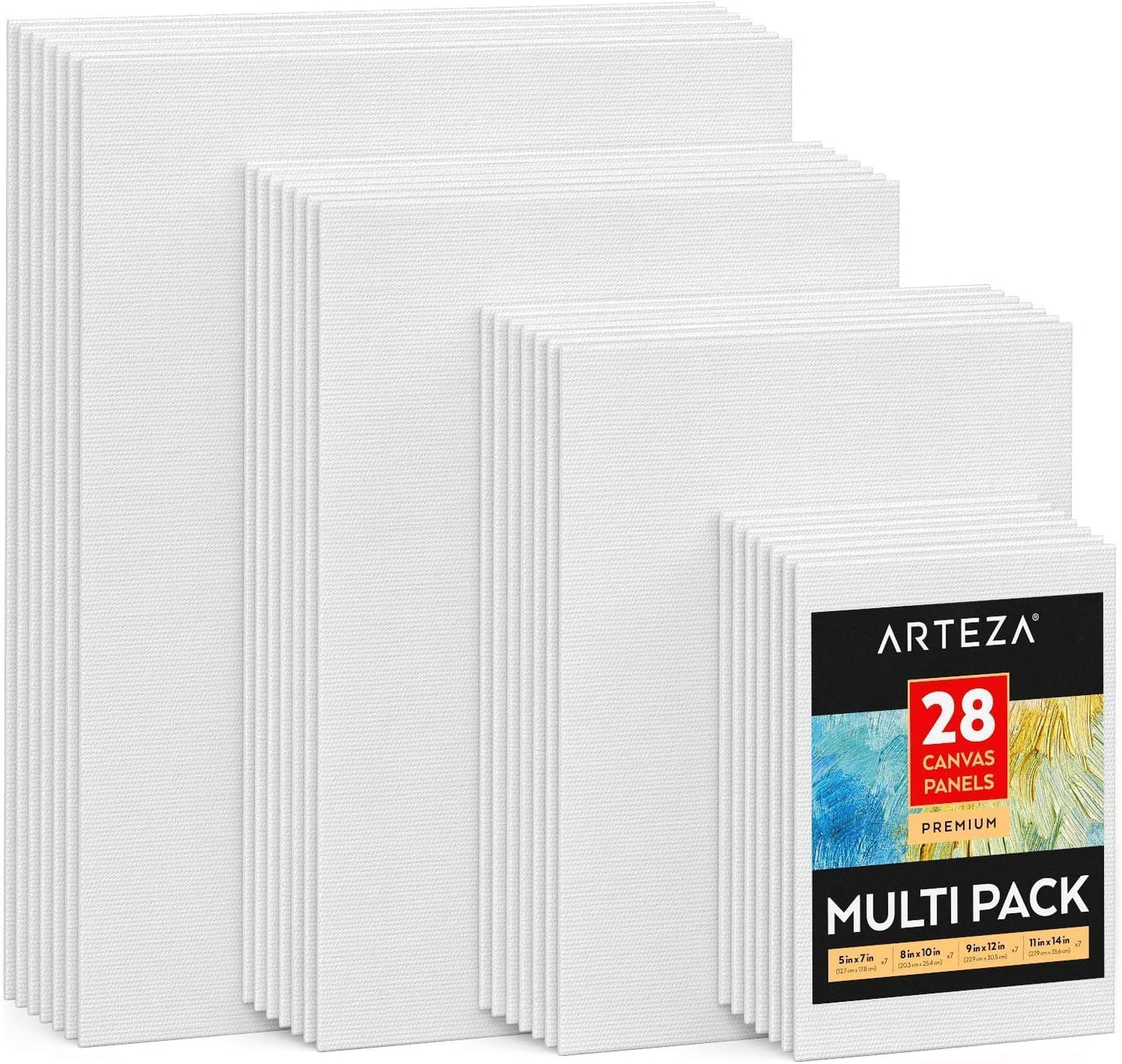 ARTEZA Premium Canvas Boards for Painting, 5 x 7, 8 x 10, 9 x 12, 11 x 14 Inches, Multipack of 28, White Canvas for Acrylic, Oil and Gouache Painting