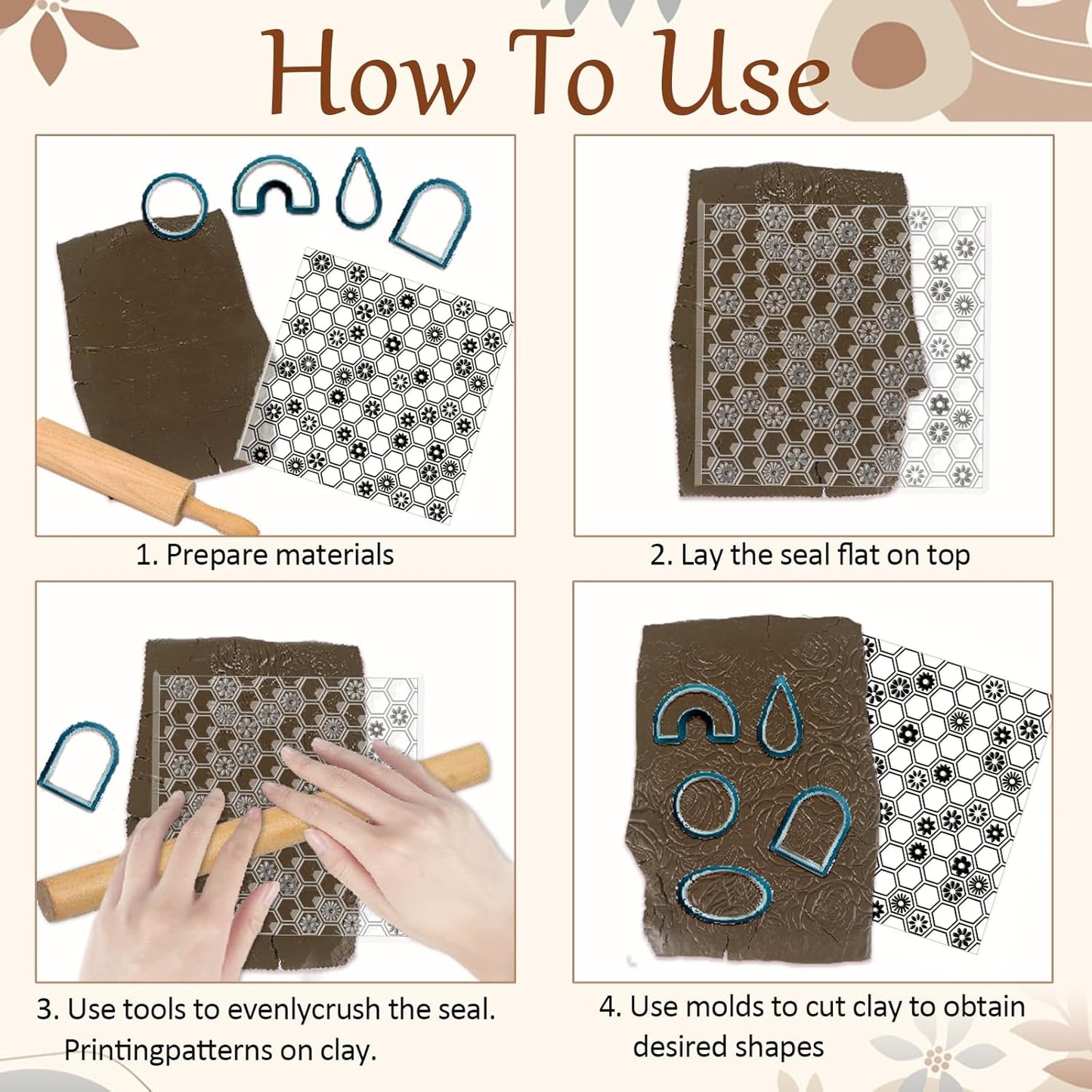 CHGCRAFT Honeycomb Pattern Polymer Clay Texture Sheet Flowers and Hexagonal Silicone Texture Mat for Polymer Clay Making Earrings Jewelry DIY Crafts 5.5 × 5.5 Inch