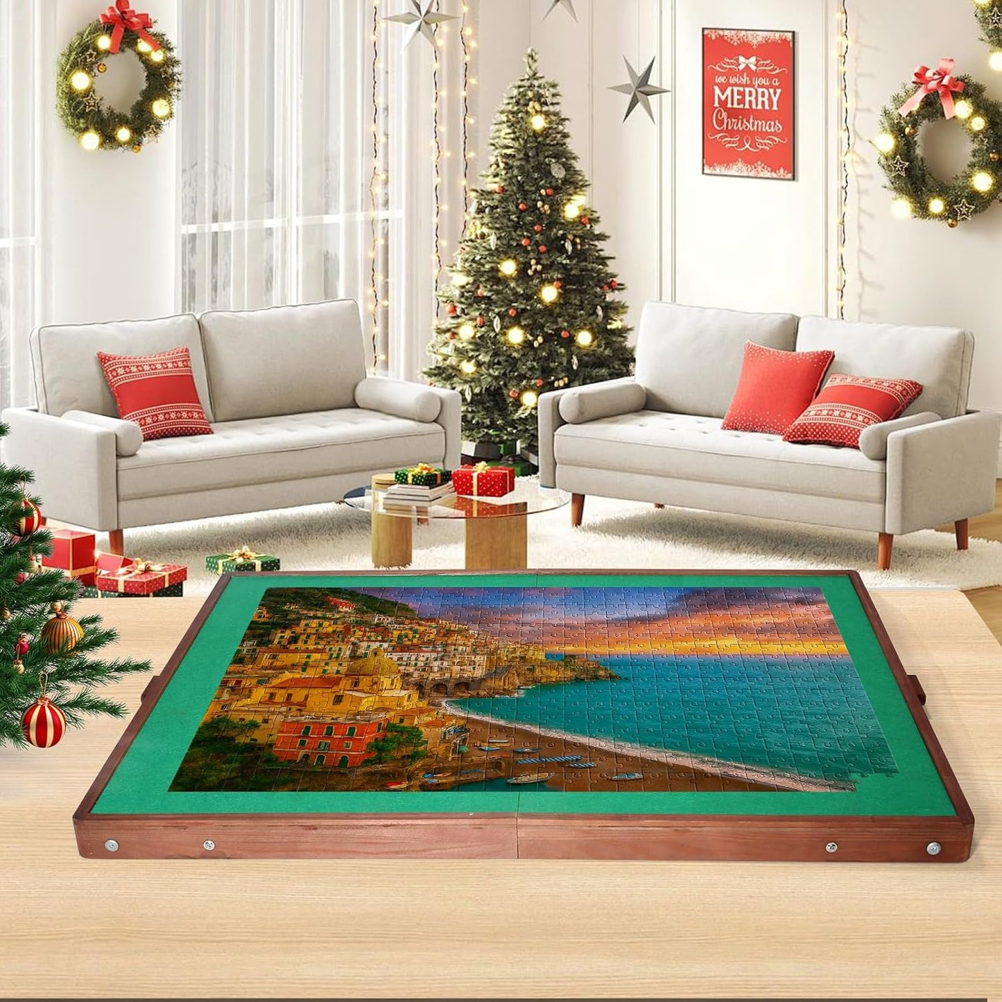 1500 Piece Puzzle Table with Legs, 35" x 26" Wooden Jigsaw Puzzle Board with Drawers, Cover & Felt, Portable Puzzle Table with Folding Legs for Adults and Teens, Christmas Birthday Gift