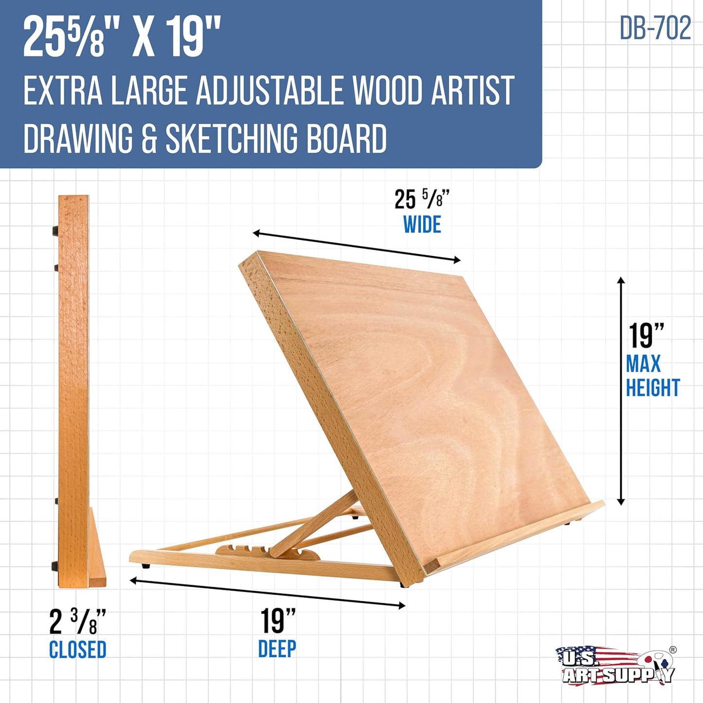 U.S. Art Supply X-Large 25-5/8" x 19" (A2) Adjustable Wood Art Drawing Board - 6 Angles, Beechwood Construction, Pencil Ledge, Locking Storage Drawer - Perfect for Design, Drafting & Architecture