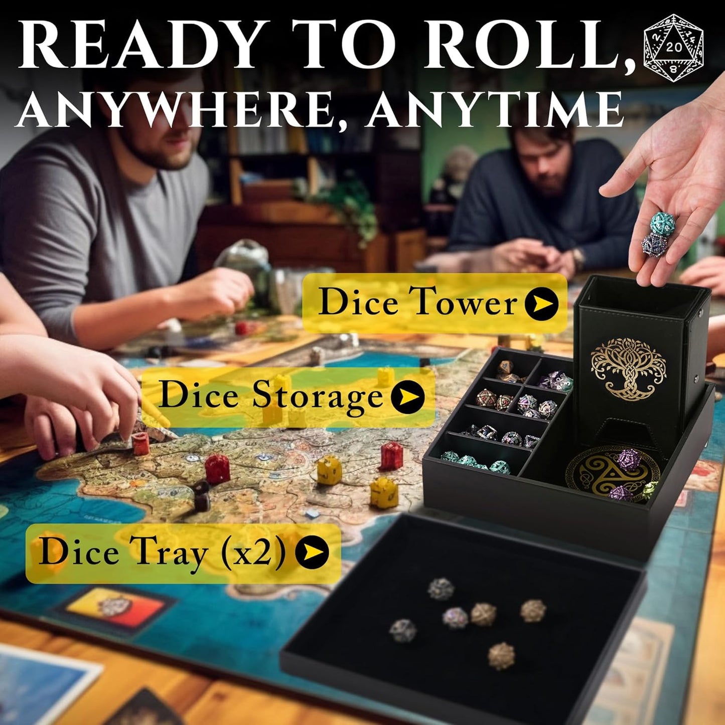 Dice Tray and Dice Tower for DND and RPG - All-in-One Game Roamer Tray & Large Tower for Random Rolls - Stores Your Sets, Mini's and More Compatible with D&D (Gold Tree)