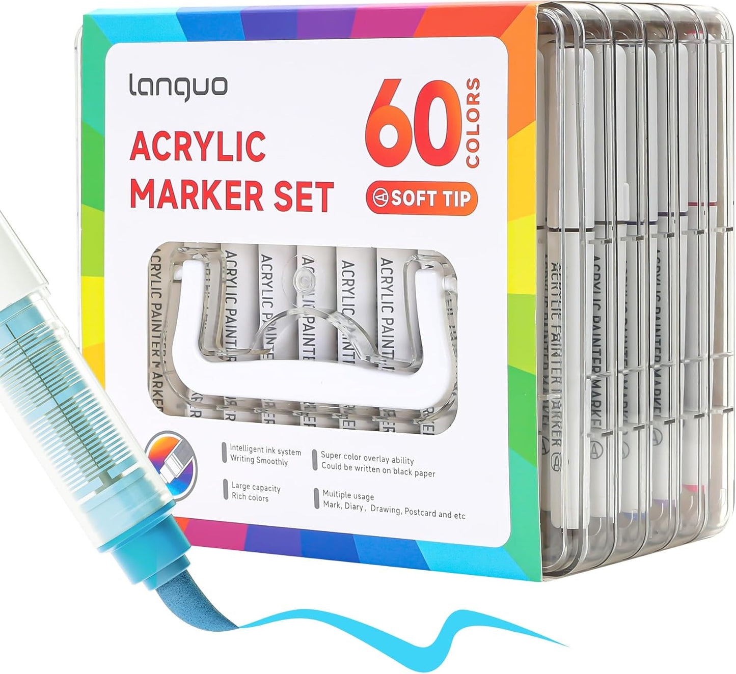 60 Colors Acrylic Paint Markers Pens Set, Soft Brush Tip Markers with Fast Drying & No-Bleed Ink, Acrylic Paint Pens for Rock, Wood, Egg, Ceramic, Fabric Painting, Art Supplies and DIY Crafts