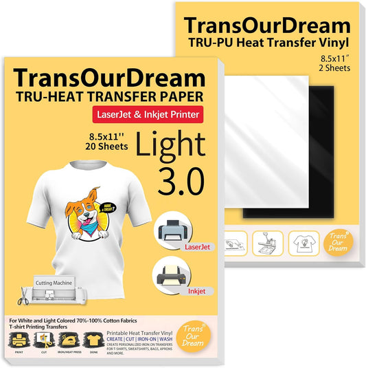 TransOurDream Iron on Heat Transfer Paper for Light Fabric (20 Sheets, 8.5x11") Printable Iron on Transfers for Inkjet Printer & Laserjet Printer, Heat Transfer Vinyl for T Shirts (2 Sheets, 8.5x11")