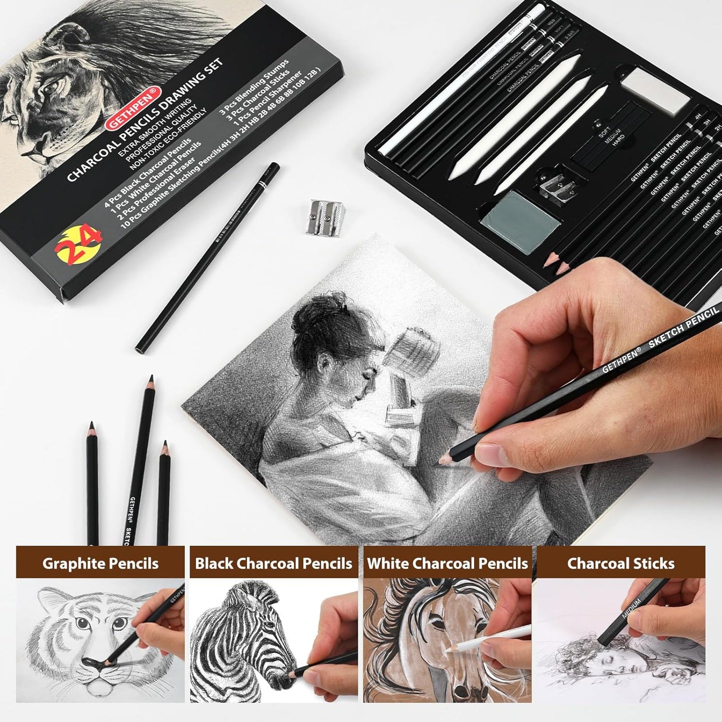 Drawing Sketching Pencil Set, 24 Piece Pro Artist Sketch Kit - Graphite Pencils (12B-4H),Charcoal Pencils for Drawing,Black and White Charcoal Pencils,Charcoal Sticks,Stumps,Eraser,Sharpeners