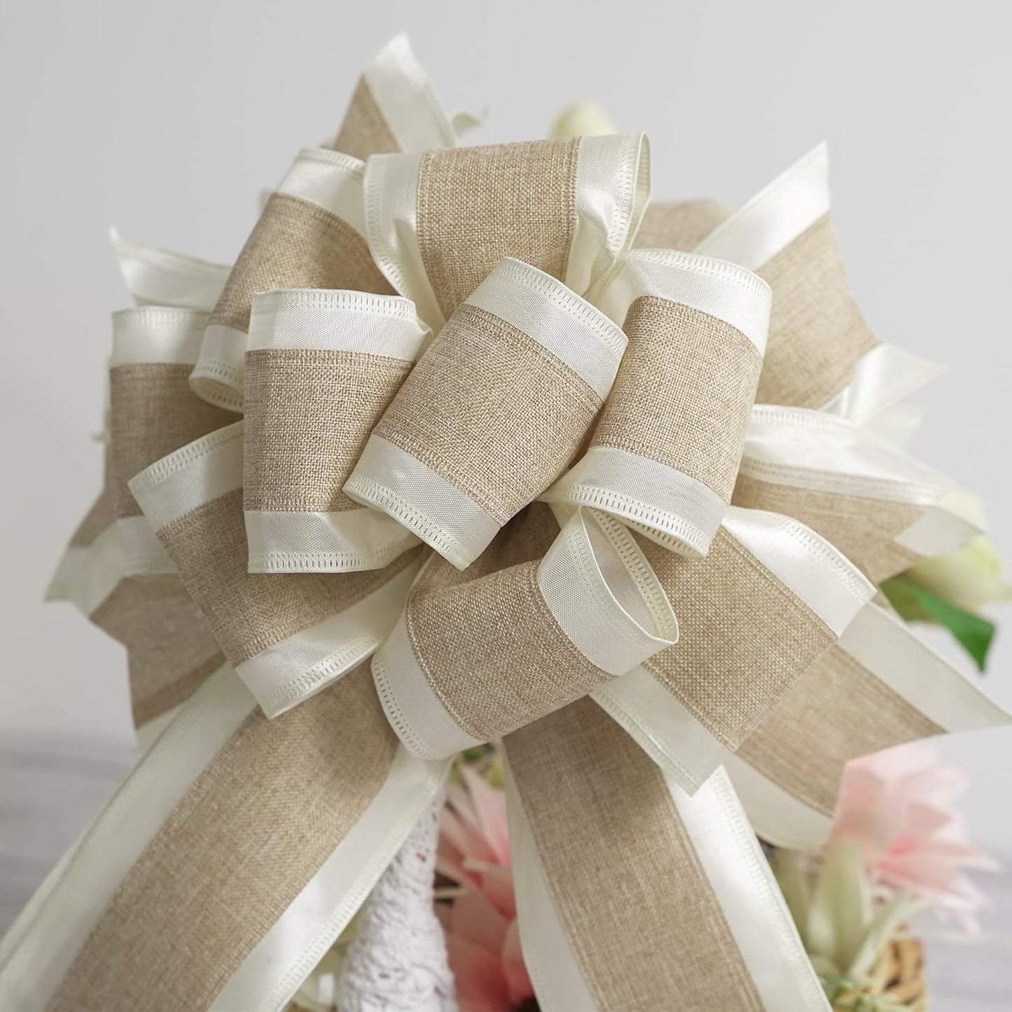 MEEDEE Burlap Wired Ribbon with Satin Edge - White Stripe, 2.5 Inch, 10 Yards for Wreath, Garland, Topper, Bow Making, Fall, Christmas, Wedding Decorations