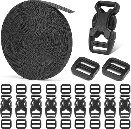 Buckle and Strap Set 3/8", 10 Yards Webbing Strap, 10-Pack Dual Adjustable Side Release Plastic Buckles, 20 Tri-Glide Slider Clips, Black (3/8 Inch Combo Set)