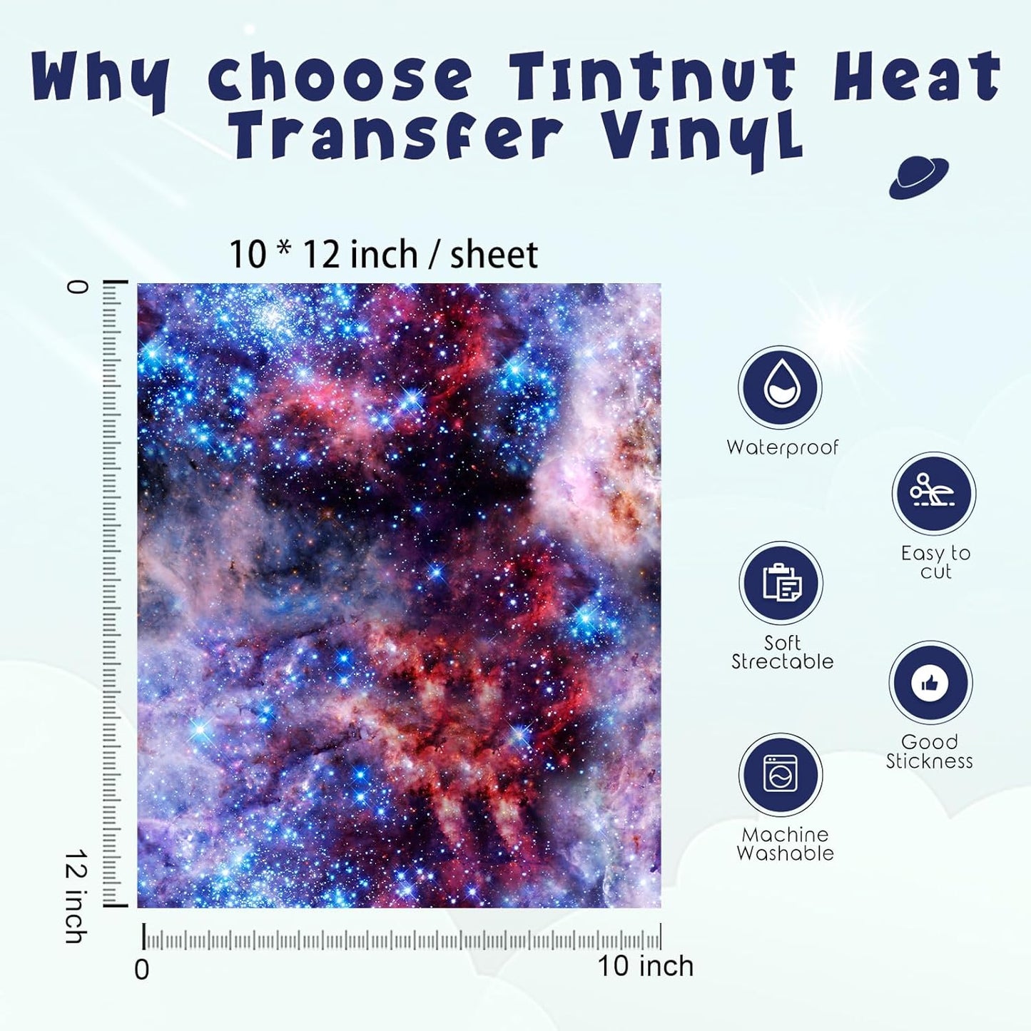 Tintnut Galaxy Heat Transfer Vinyl - 10 Sheets Bundle 10x12 Inch Stardust Starry Sky Background HTV Iron on Vinyl Watercolor Clouds Patterned for DIY T-Shirts Hats Coats Handbags Pillow Crafts