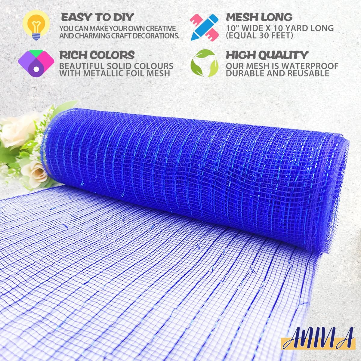 Anivia Deco Mesh Ribbon, 10inch x 30 Feet Each Roll Metallic Foil Mesh Ribbon for Wreaths Swags, Holloween, and Christmas Tree Decoration (Royal Blue/Royal Foil)