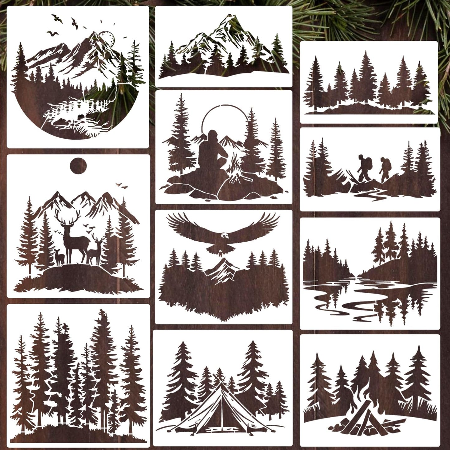 Mountain Tree Stencils for Painting 12” Forest Animal Stencils Pine Tree Stencil Reusable Drawing Templates for Wood T-Shirt Fabric DIY Crafts