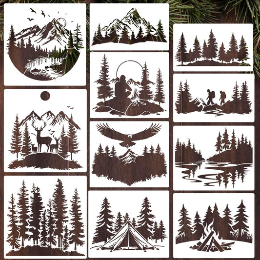 Mountain Tree Stencils for Painting 12” Forest Animal Stencils Pine Tree Stencil Reusable Drawing Templates for Wood T-Shirt Fabric DIY Crafts