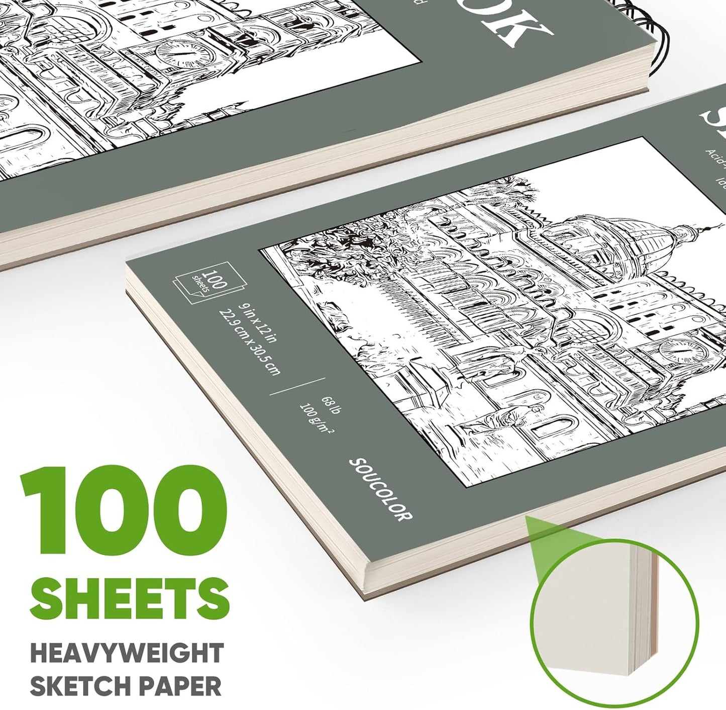 Soucolor 9" x 12" Sketch Book, Back to School Supplies, 1-Pack 100 Sheets Spiral Bound Art Sketchbook, Acid Free (68lb/100gsm) Artist Drawing Book Paper Painting Sketching Pad, College Essentials