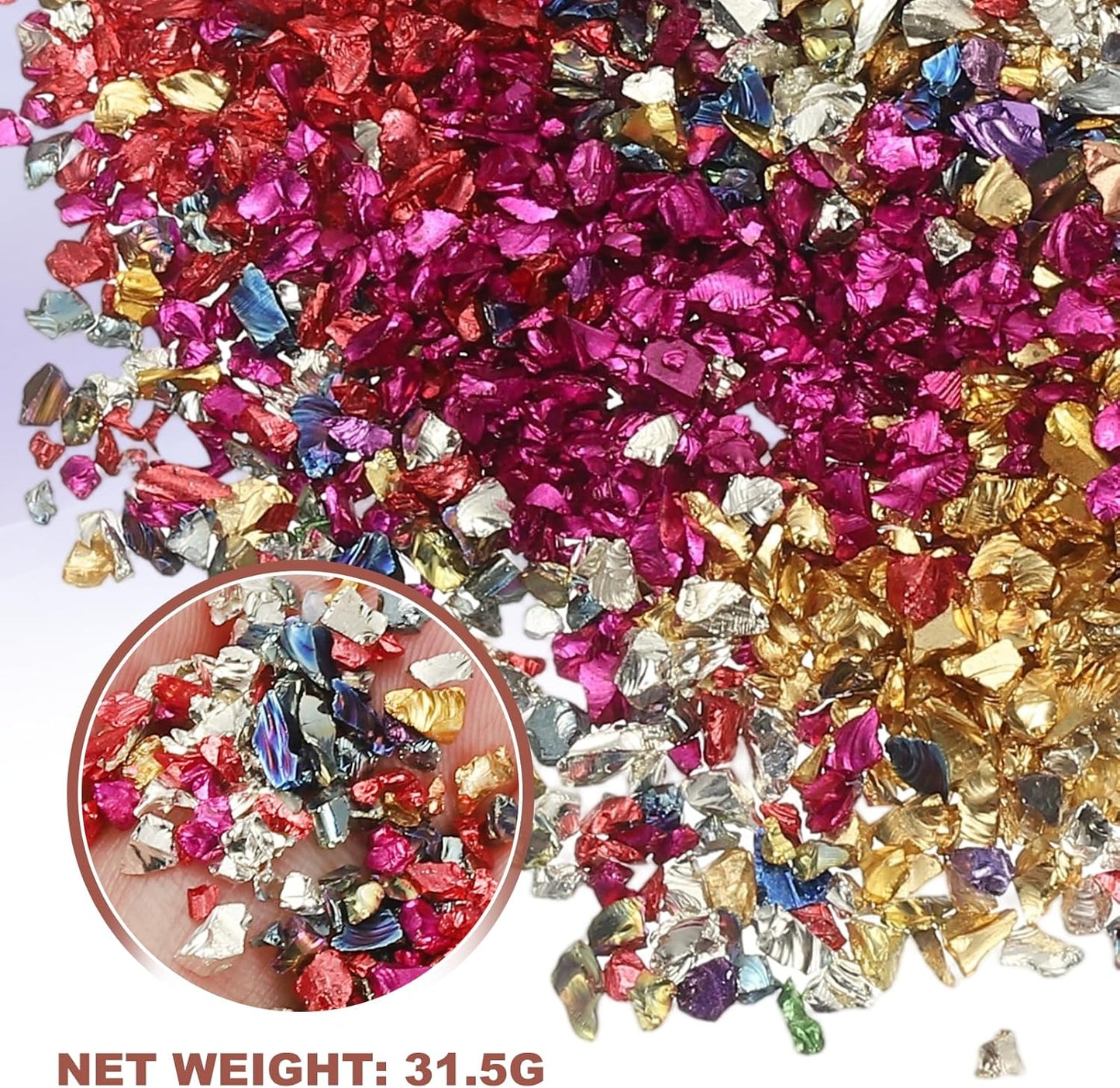 uxcell 6 Colors Crushed Glass Chips, 1-3mm Irregular Glitter Metallic Glass Broken Glasses Pieces with Laser Bag for Craft DIY Vase Epoxy Halloween Decoration 31.5g, Multicolored