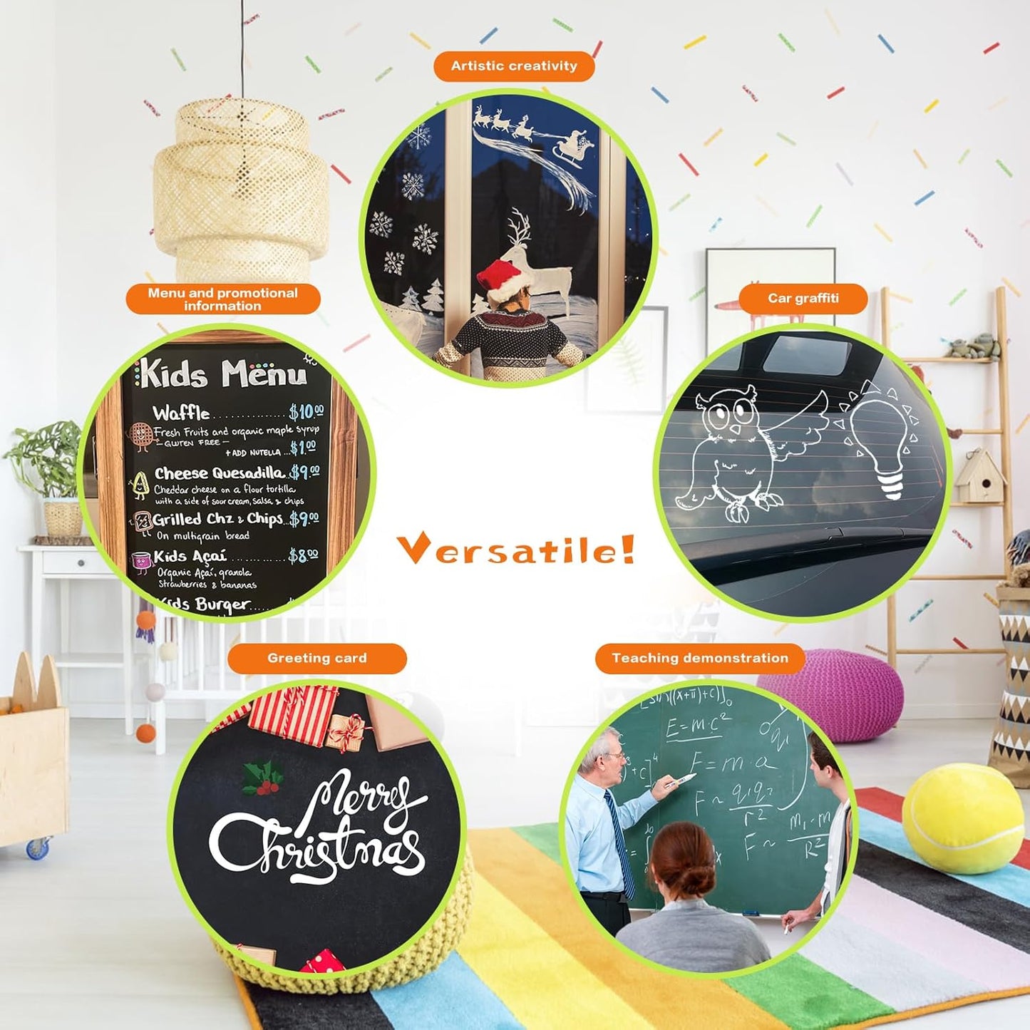 IJIANG Window Chalk Markers Pens, White Liquid Chalk Marker 5 Nib Sizes for Car Windows Glass Mirror Blackboard Signs, Erasable, Dust-Free, Non-Toxic