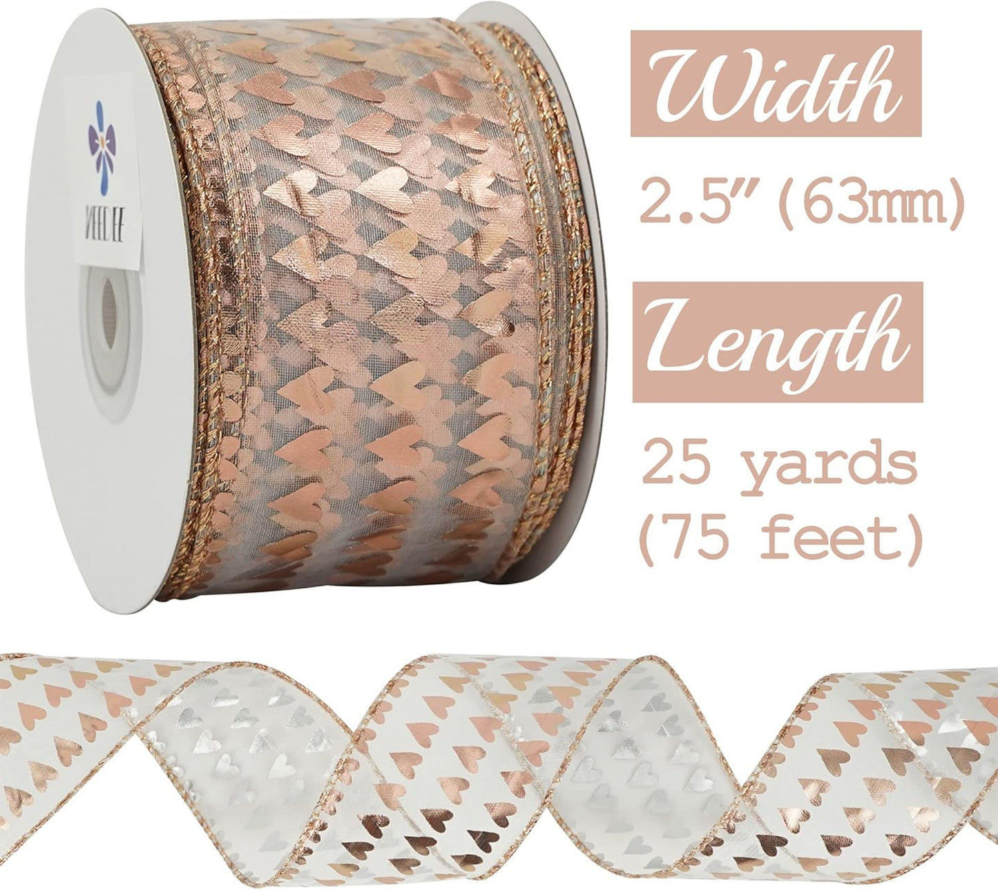 MEEDEE Heart Wired Ribbon - 2.5 Inch Rose Gold & Pink Sheer Organza Ribbon, 25 Yards Roll, Perfect for Valentine Bows & Decor