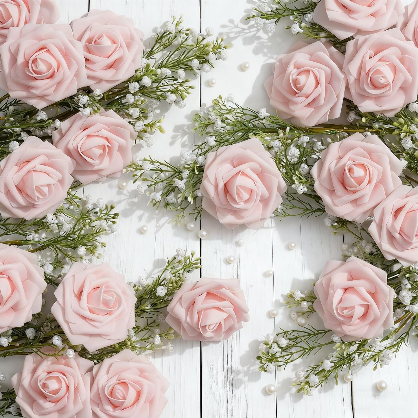 Artificial Flowers Foam Fake Roses 25pcs Light Pink Roses with Stems for Home Decor DIY Wedding Bouquets Party Bridal Shower Centerpieces Faux Flower Arrangements Tables Decorations