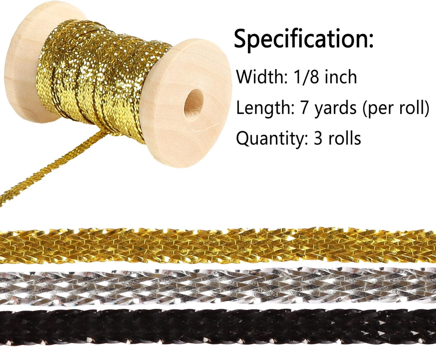 Gold&Silver Set Thin Ribbon 1/8 inch Metallic Braided Double Faced Ribbons Curling Ribbons For Balloon String Crafts Gift Wrapping Party Wedding Christmas Ornaments Decoration 7 Yard x 3 Rolls