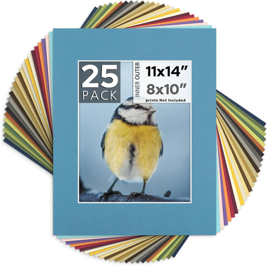 Mat Board Center, Pack of 25, 11x14 for 8x10 Mixed Color Mats - Acid Free, 4-ply Thickness, White Core - for Pictures, Photos, Framing