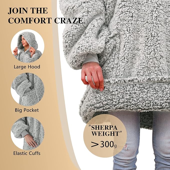 yescool Wearable Blanket Hoodie, Flannel Sherpa Fleece Blanket Sweatshirt for Adults Women Men,One Size Fits All