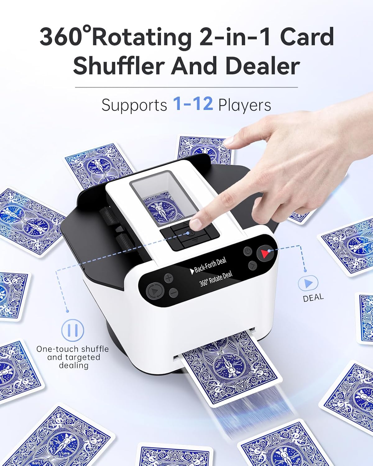 Automatic Card Shuffler and Dealer 2-in-1, 2 Deck 360° Rotating Dealing Machine for 12 Players, 4 Drawing Remotes, Rechargeable Playing Card Shuffler Machine for UNO, Poker, Phase 10