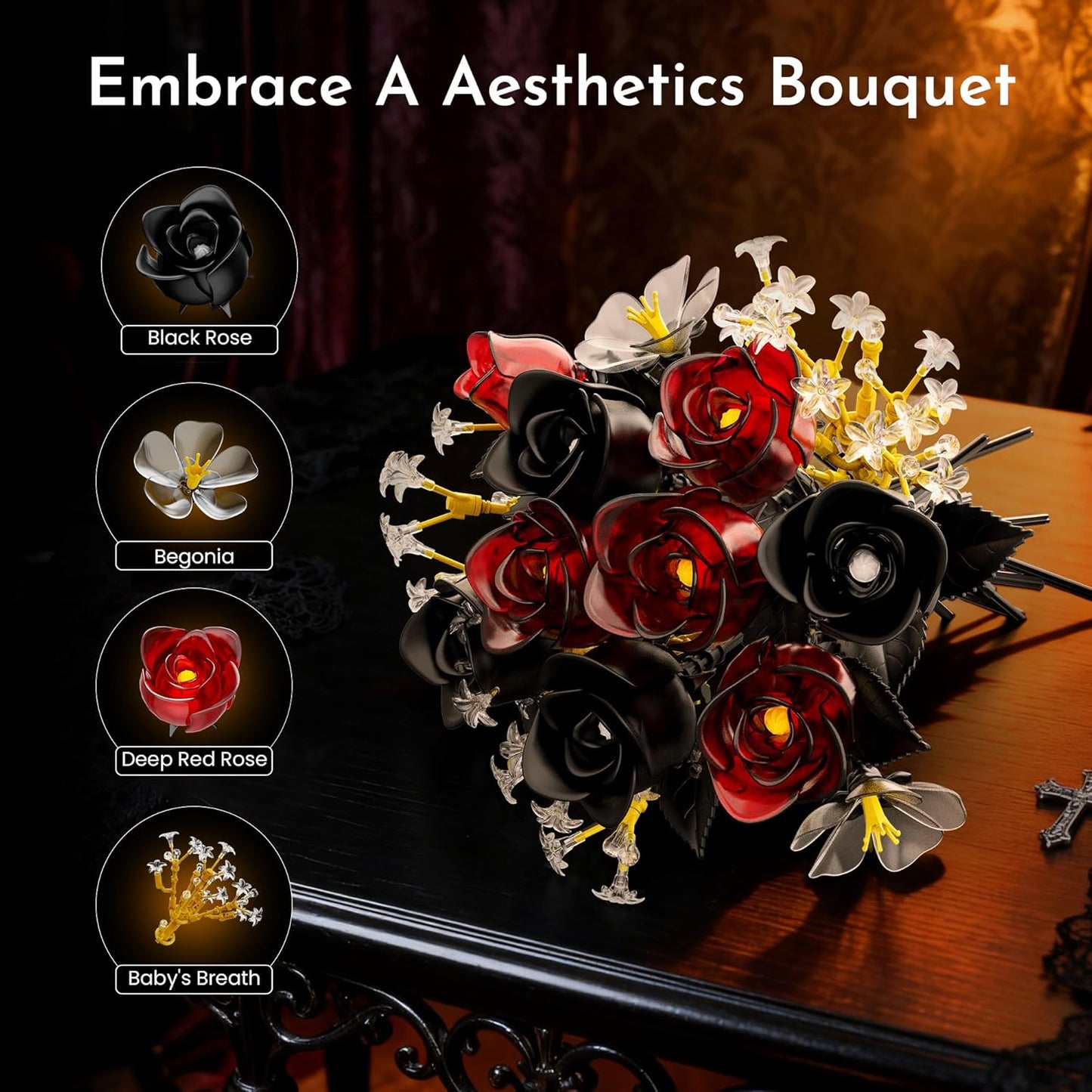 Rose Flower Bouquet Building Set for Adults, Halloween for Women Teen Girlfriend, Artificial Floral Botanicals Collection Gothic Decor for Home or Office (414 PCS)