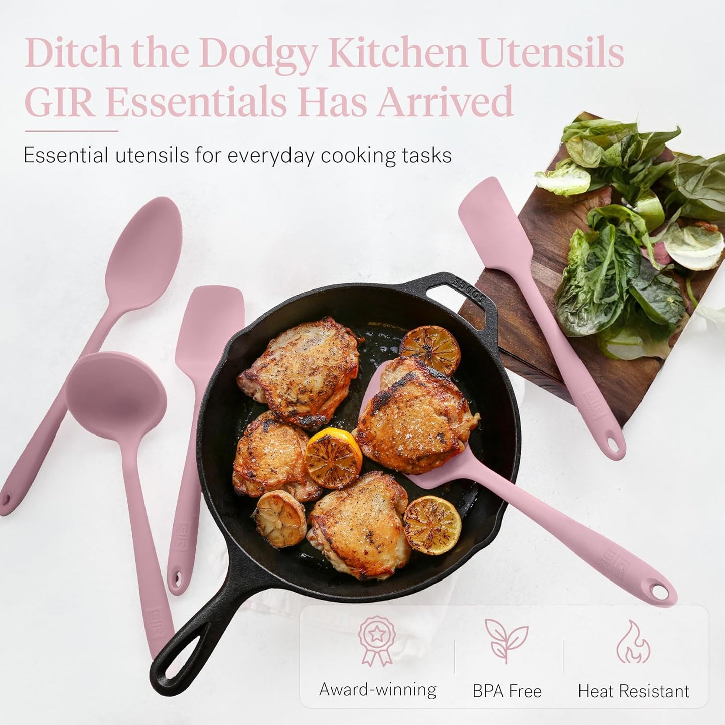 GIR: Get It Right - 5 Piece Essentials All Purpose Set - Ladle, Spatula, Flip, Spoon & Spoonula, Non-stick, Heat Resistant, Dishwasher Safe, Kitchen Utensils, Baking Supplies - Rose