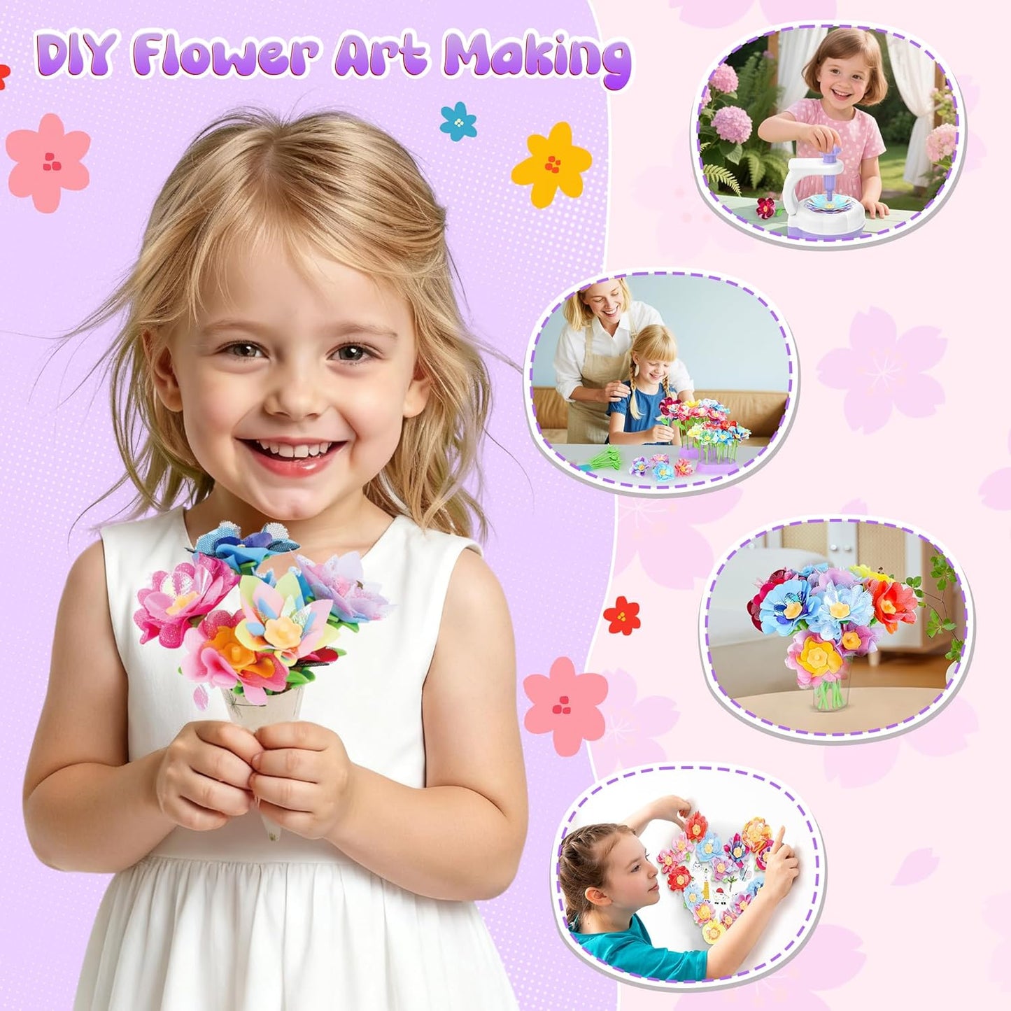 GirlsHome 300+PCS Fabric Flower Bouquets Toys, DIY Flower Crafts Kits for Kids, Arts and Crafts for Kids Ages 6-8 Girls, Build Flower Bouquet, STEM Educational Toy Preschool Gifts (White Purple)