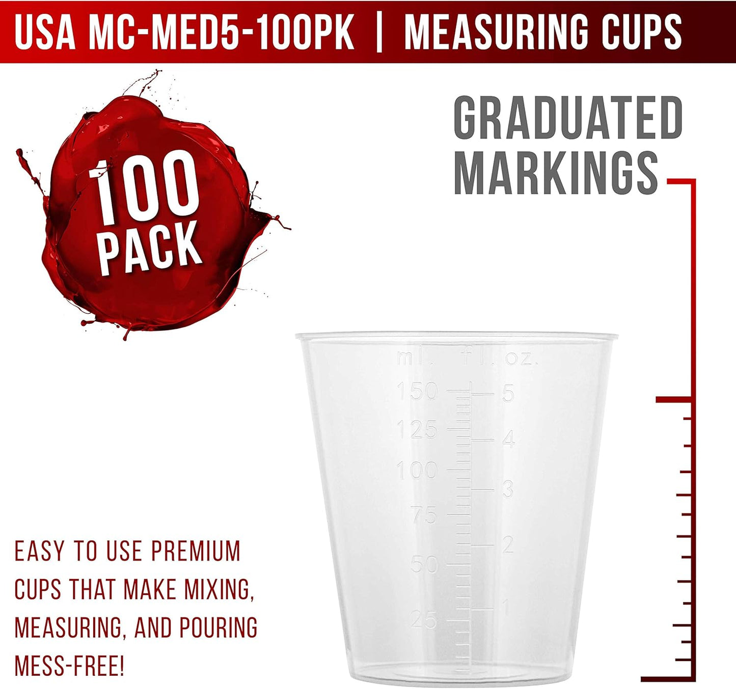 Pouring Masters 5 Oz (150 ml) Liquid Measuring Cups - Plastic Graduated Cup (100 Pack) with 25 Sticks - Reusable Mixing Cups for Paint, Craft, Kitchen, Lab, Medical Supplies, Epoxy Resin, Art