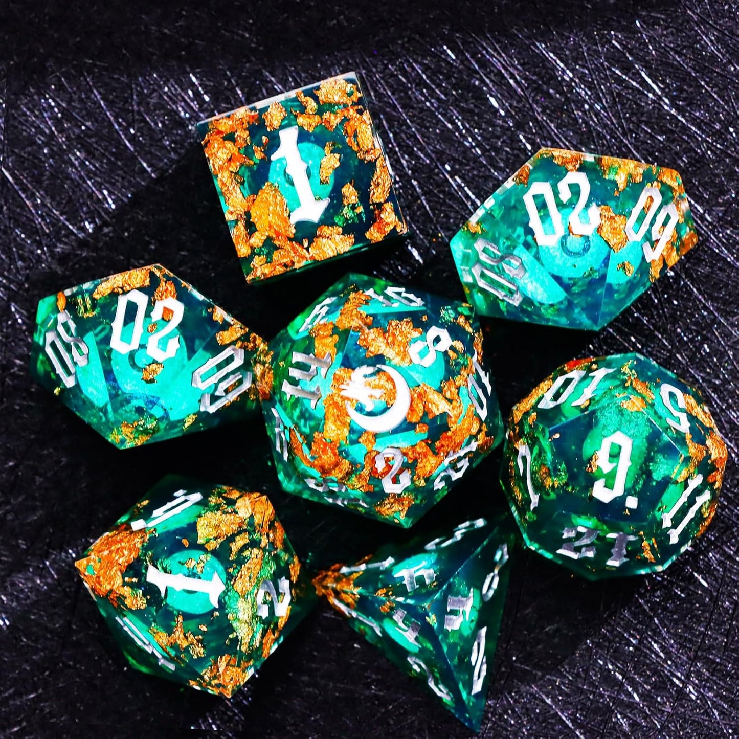 The Green Moon of Mystery Liquid Core DND Dice Set – Unique Resin Dice Set for Dungeons & Dragons – Galaxy Moon Dice for D&D Gifts