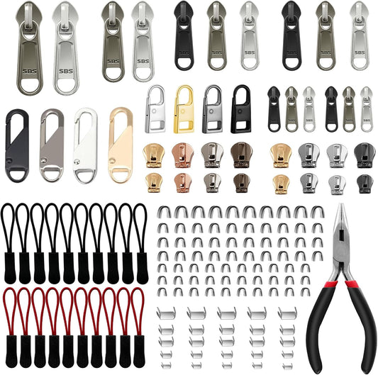 Zipper Repair Kit (188 Pcs) - Universal Fixer for Luggage, Backpacks, Jackets, Coats & Boots Includes #3#5#8#10 Sliders, Zipper Pull Replacement, Stops & Repair Tool（Non-YKK Compatible）