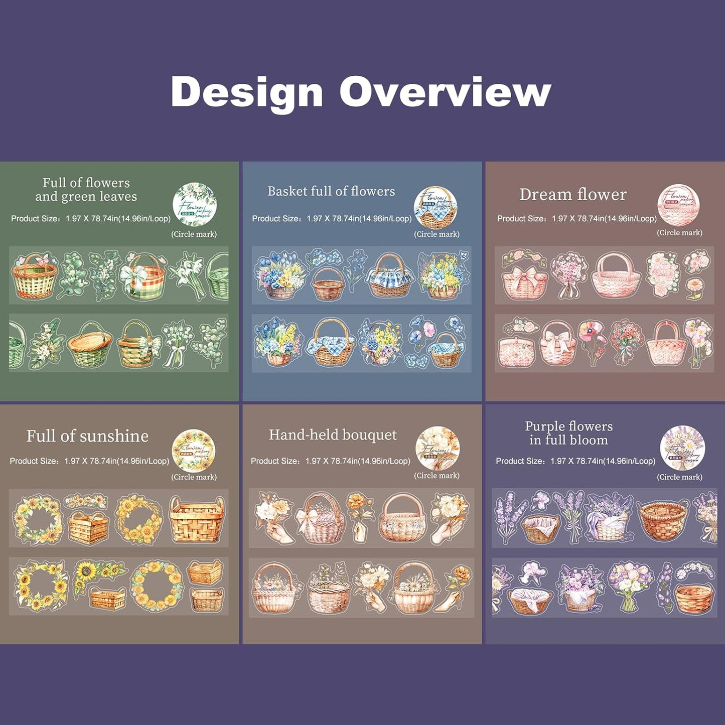 Flower Basket PET Tape Set, 6 Rolls Pre-Cut Vintage Floral Scrapbook Supplies for Journaling, DIY Crafts, and Planners,with Clip