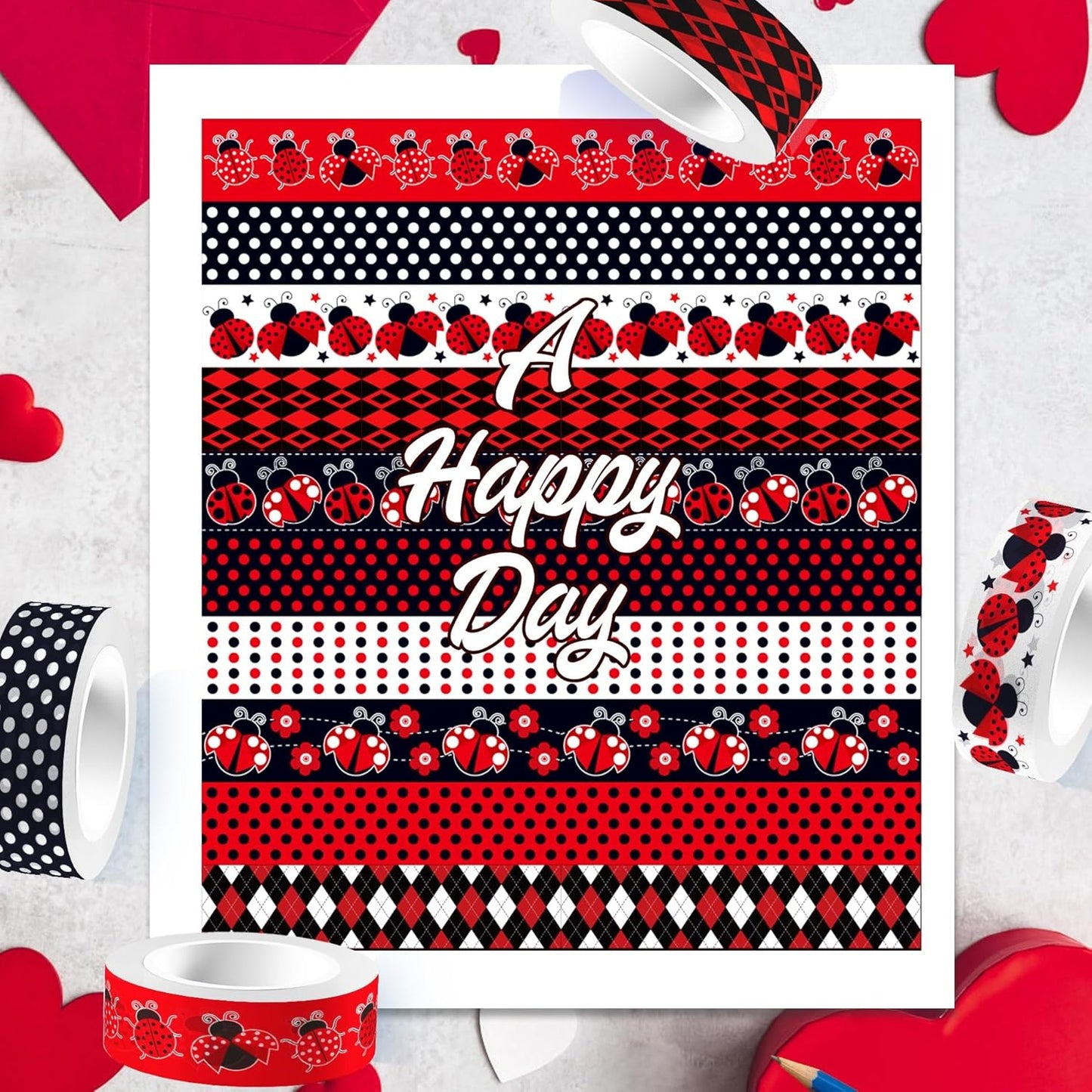 12 Rolls Insect Washi Tape, Seven Star Ladybug Masking Tape, Red Black Spots Decorative Tape for Journaling, Scrapbooking, DIY Crafts, Planner, Gift Wrapping, 16.4FT