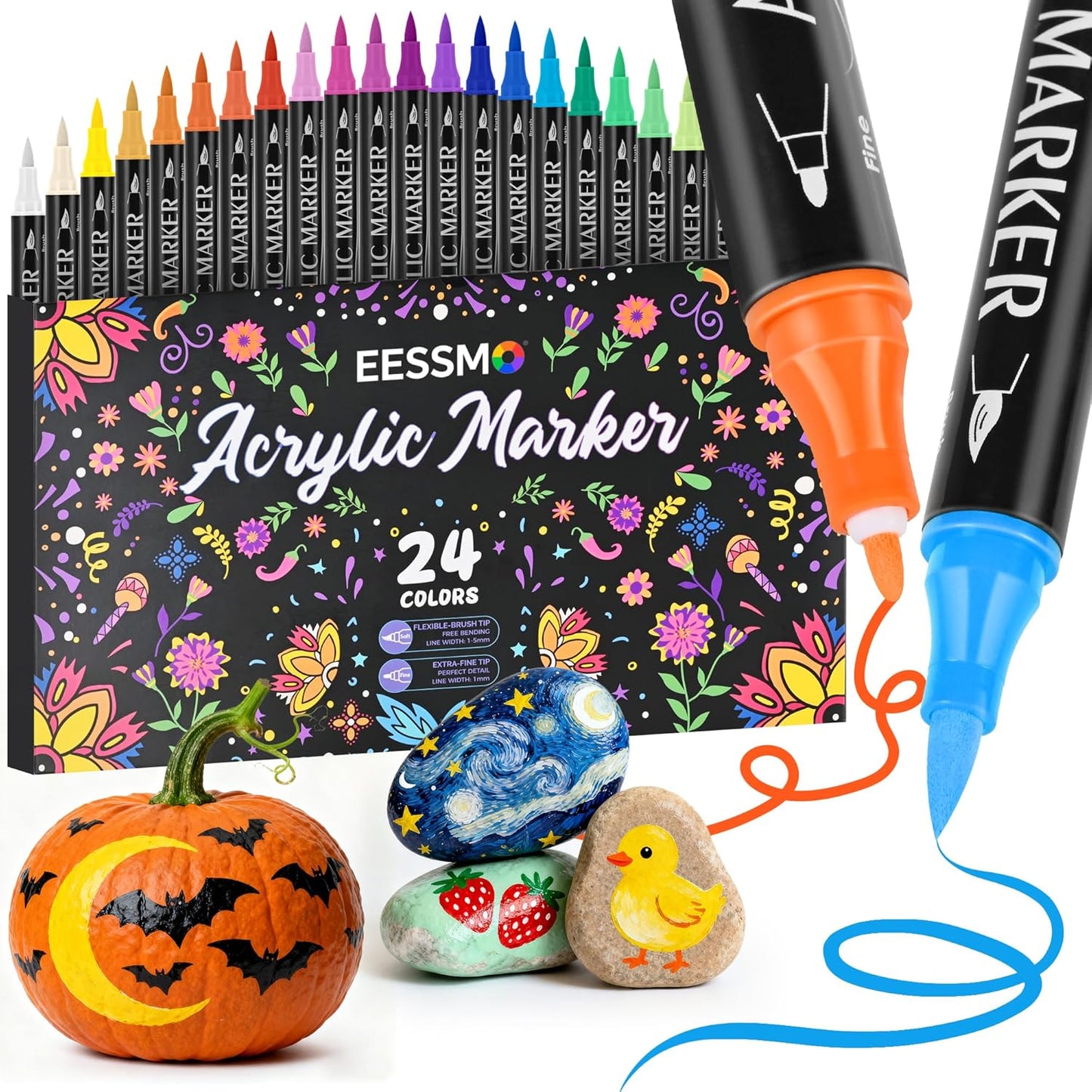 24 Colors Dual Tip Acrylic Paint Markers, Acrylic Paint Pens with Fine Tip and Brush Tip for Rock Painting, Wood, Plastic, Glass, Canvas, Fabric, Pumpkin, DIY Crafts Making Art Supplies