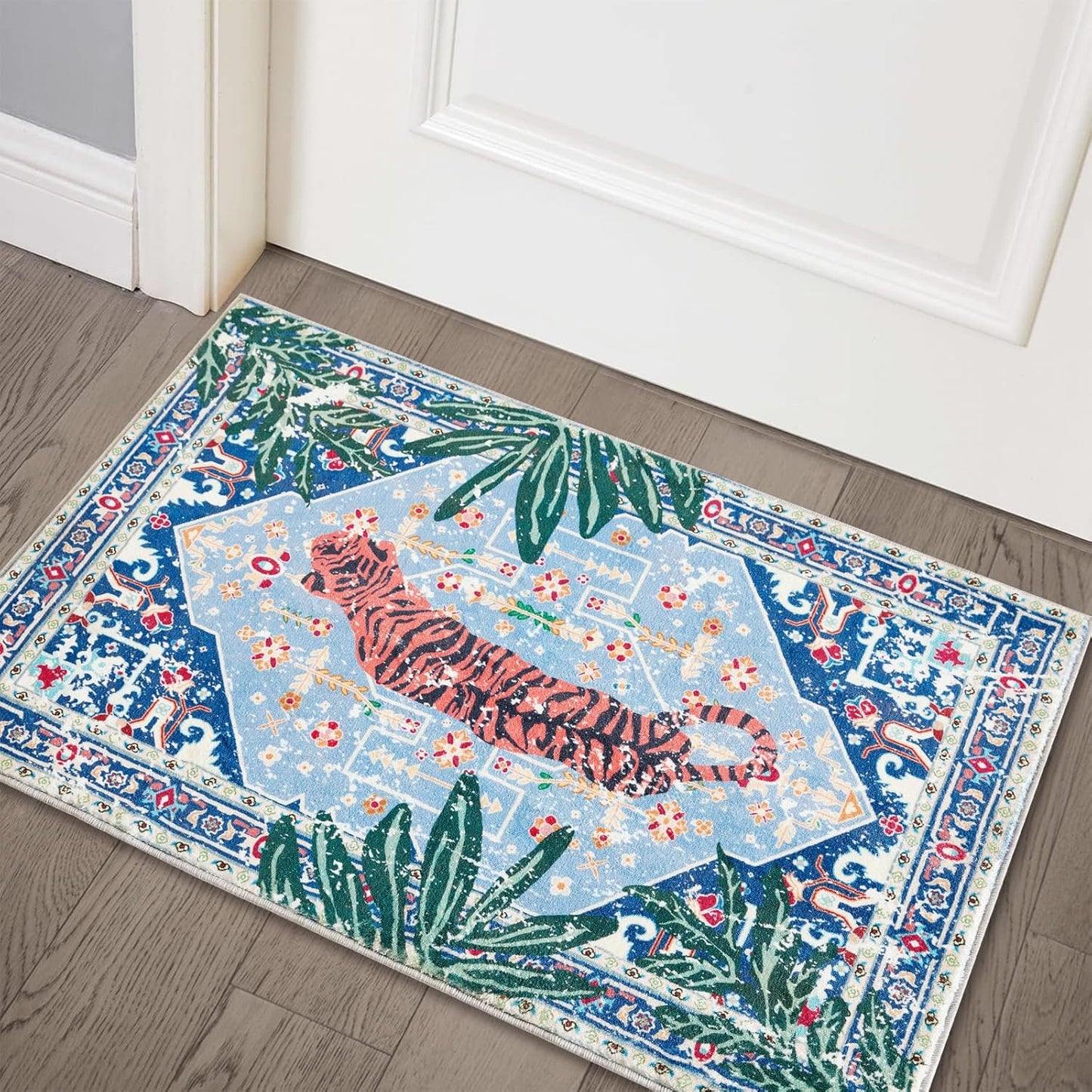 Tropical Rugs, 3x5 Thin Boho Small Area Rugs for Bathroom Kitchen Small Indoor Entryway Rug Modern Vintage Distressed Summer Jungle Plant Accent Carpet Non-Slip Washable